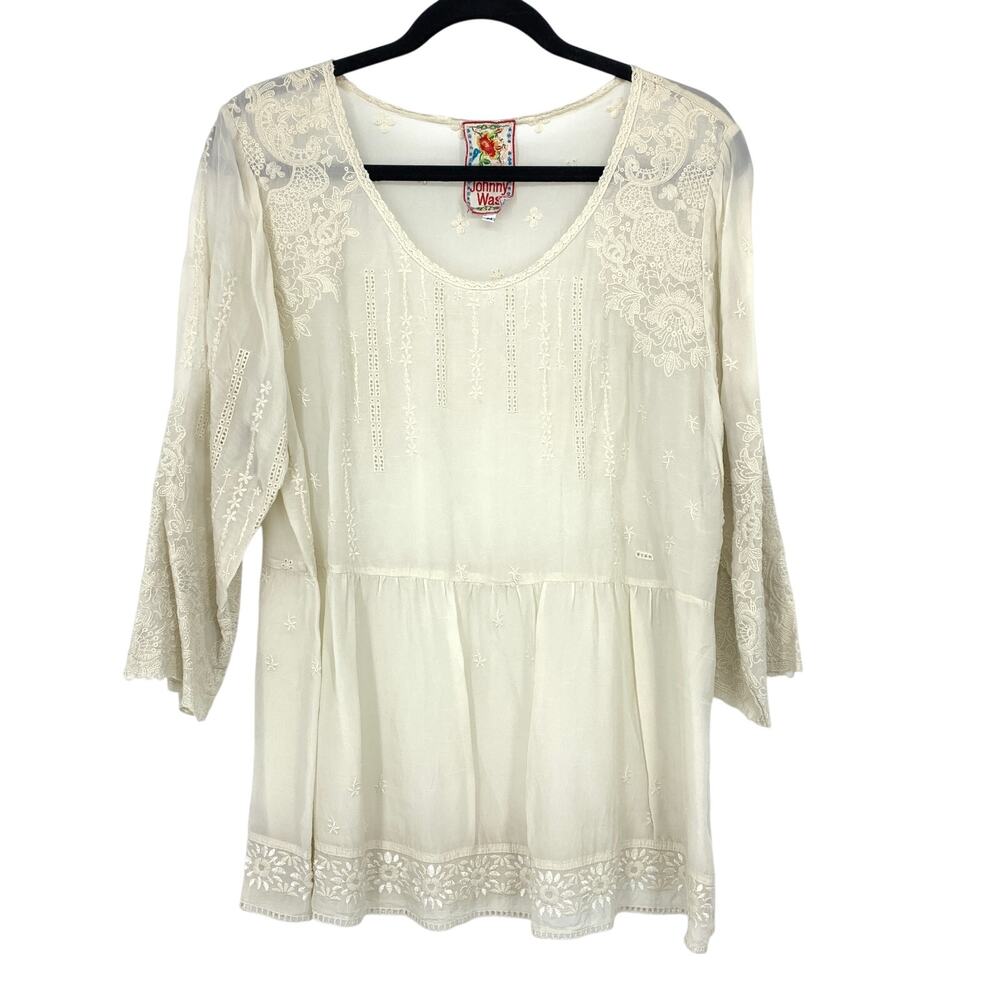 Johnny Was Womens M Ivory Embroidered Lace Tunic Blouse Peasant Boho Floral